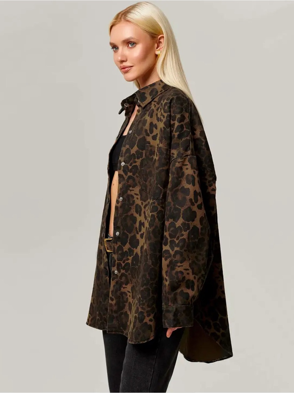 Leopard Print Button-Front Jacket - Brown/Black